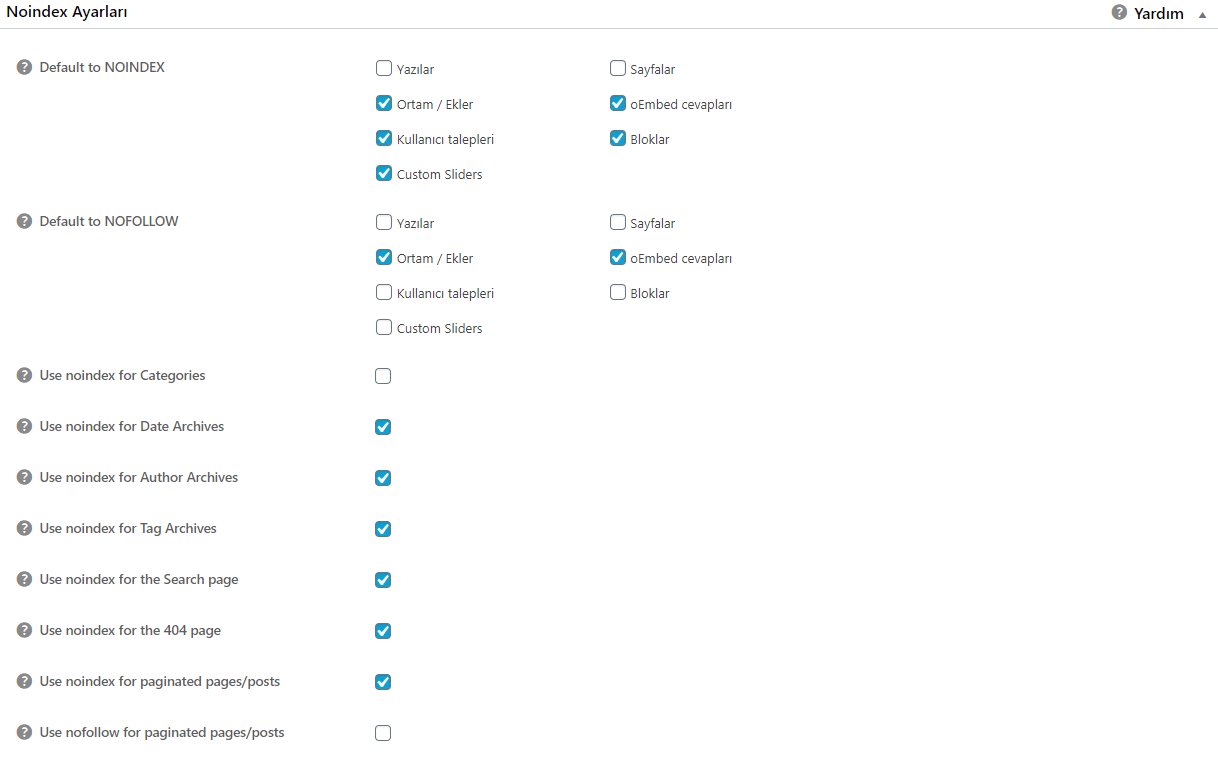 noindex varsayılanları